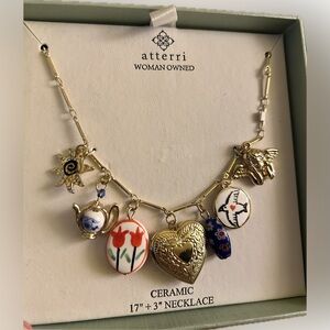 Atterri Gold Charm Necklace Ceramic Teapot Heart Locket Cherub Painted Flower